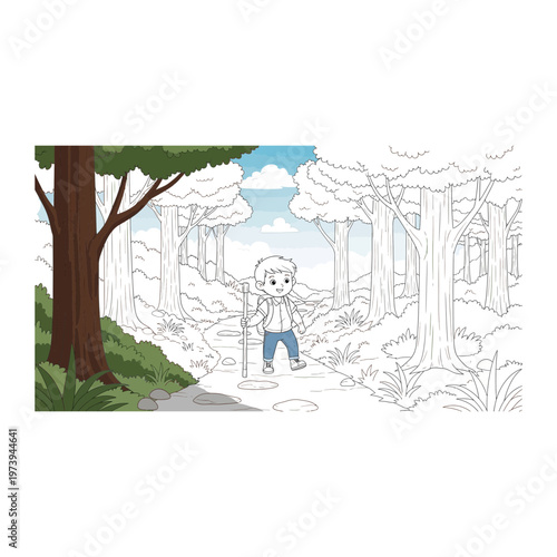 Little boy hiking in a forest graphic illustration