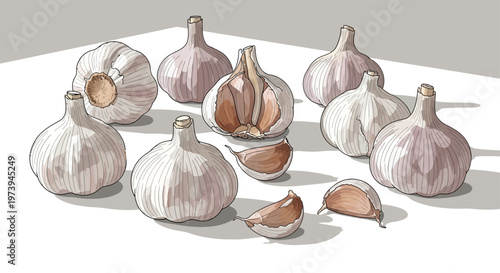 Fresh garlic bulbs and cloves, a culinary essential illustration.