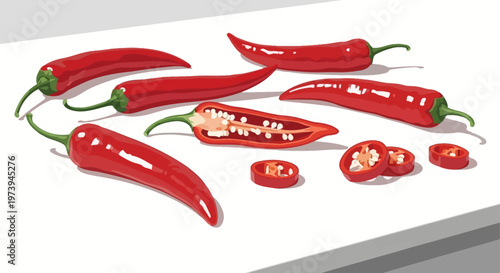Illustration of fresh red chili peppers and slices on a white background