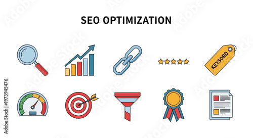 SEO optimization concept graphic with ten distinct icons