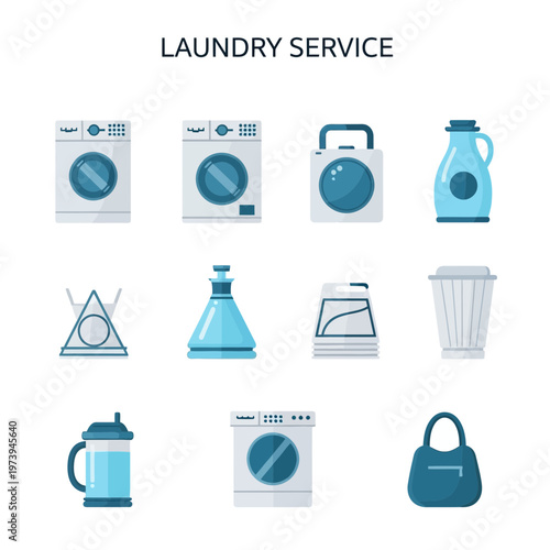 Flat design icons for laundry service including washers supplies and accessories