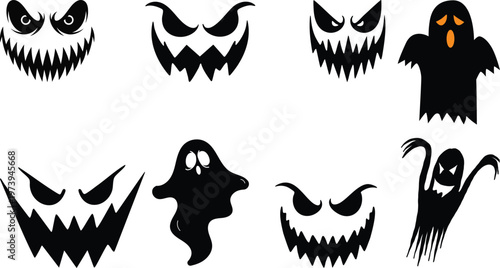 Halloween pumpkin icon set.Evil pumpkin symbol. Halloween evil face vector illustration.Halloween decoration cartoon sign.Cute Creepy Spooky Halloween Pumpkin Fall Autumn Sticker Print Illustration.