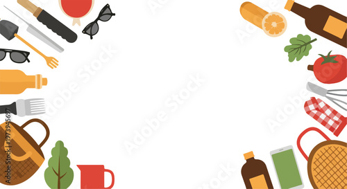 This flat vector illustration features various outdoor picnic and gardening essentials arranged in a frame on a clean white background.