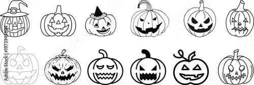 Halloween pumpkin icon set.Evil pumpkin symbol. Halloween evil face vector illustration.Halloween decoration cartoon sign.Cute Creepy Spooky Halloween Pumpkin Fall Autumn Sticker Print Illustration.