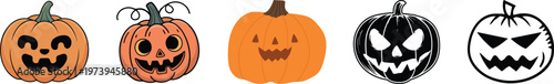 Halloween pumpkin icon set.Evil pumpkin symbol. Halloween evil face vector illustration.Halloween decoration cartoon sign.Cute Creepy Spooky Halloween Pumpkin Fall Autumn Sticker Print Illustration.