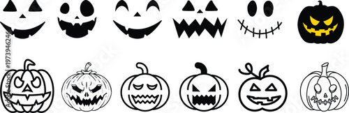 Halloween pumpkin icon set.Evil pumpkin symbol. Halloween evil face vector illustration.Halloween decoration cartoon sign.Cute Creepy Spooky Halloween Pumpkin Fall Autumn Sticker Print Illustration.