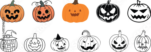 Halloween pumpkin icon set.Evil pumpkin symbol. Halloween evil face vector illustration.Halloween decoration cartoon sign.Cute Creepy Spooky Halloween Pumpkin Fall Autumn Sticker Print Illustration.