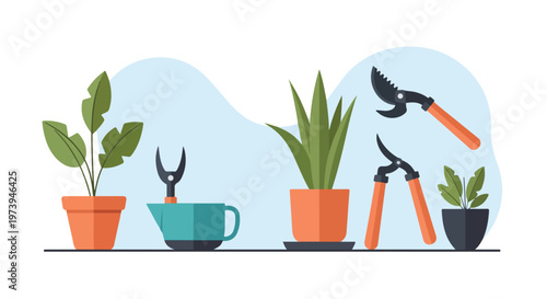This flat vector illustration features various potted houseplants and gardening tools like pruning shears and loppers on a simple blue background.