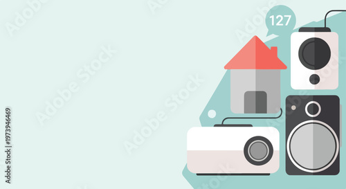 A flat vector illustration showcasing a connected smart home ecosystem with icons for a house, speakers, and a projector on a teal background.