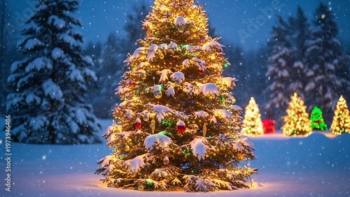 Enchanting Christmas Tree in a Snowy Winter Wonderland Scene.