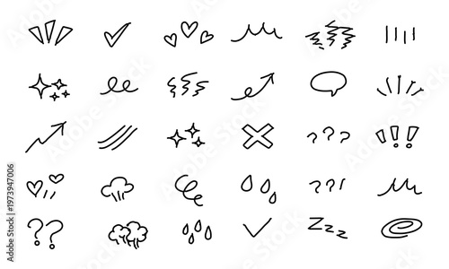 Line element movement hand drawn set. Line doodle sketch hand drawn movement effect icon pencil brush chalk stroke. Cute comic manga emoji emotion stars sparkle heart expression. Vector illustration