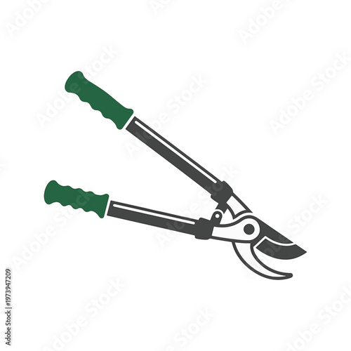 A vector illustration of a pair of green-handled loppers, isolated on a white background. The tool is open, ready for use.