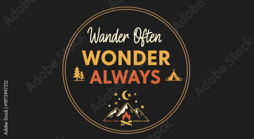 Foto Wander Often Wonder Always inspirational quote with camping and nature elements