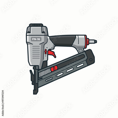 A stylized illustration of a pneumatic nail gun, with a silver and black body, red trigger, and magazine for fasteners.