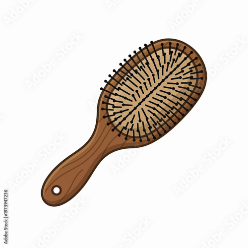 A wooden hairbrush with black bristles and a hole in the handle.