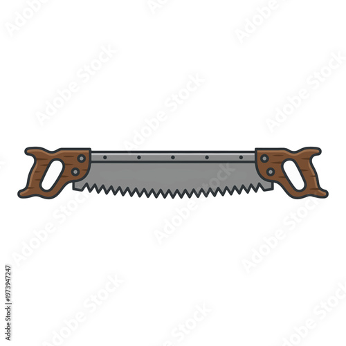 A cartoon illustration of a two-handled saw, also known as a bow saw or crosscut saw. It has a long, sharp blade and wooden handles.