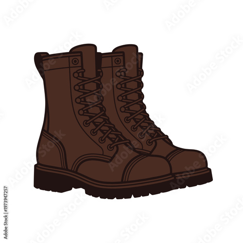 A pair of brown leather lace-up boots with thick soles and sturdy construction, presented on a white background.