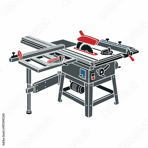 A vector illustration of a table saw, a woodworking tool with a circular saw blade projecting through a table. It has a fence, miter gauge, and an extension table.