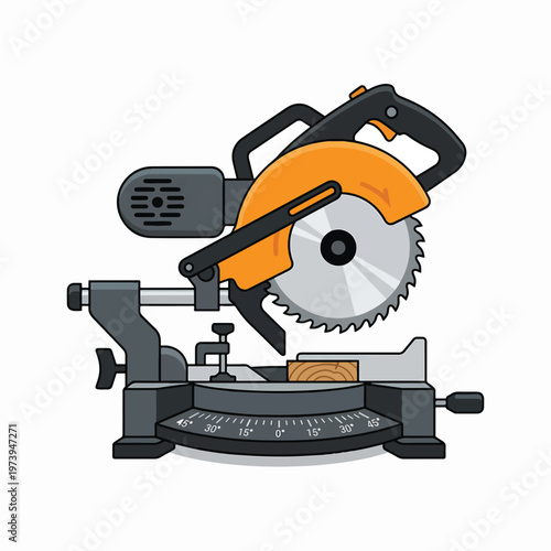 A diagram of a miter saw, showcasing its blade, motor, arm, base, and a piece of wood ready for cutting, with angle markings visible on the base.