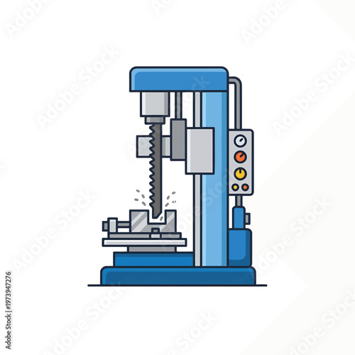 A blue industrial machine, possibly a milling machine or drill press, is shown with a cutting tool in action on a metal workpiece held in a vise.