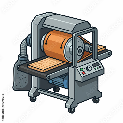A cartoon-style image of a double drum sander, showing wood being fed through for sanding and dust collection.
