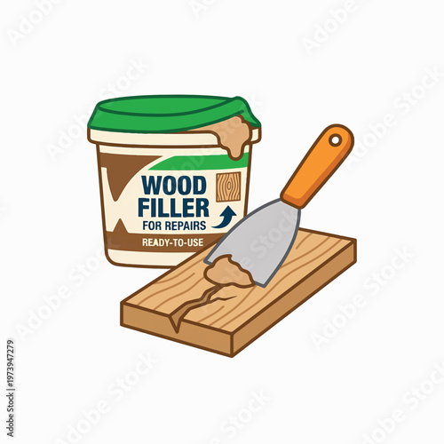 A tub of wood filler sits next to a putty knife applying the compound to a cracked piece of wood. Ready-to-use product.