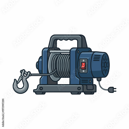 A blue electric winch with a hook and power cord, designed for lifting or pulling.