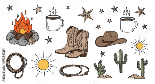 Western Cowboy and Campfire Elements Hand-Drawn Collection.