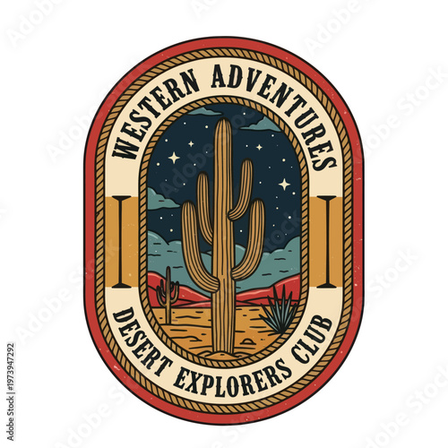 Western Adventures Desert Explorers Club Badge with Saguaro Cactus.