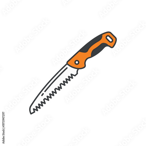 A cartoon illustration of a folding pruning saw with an orange and black handle and a sharp, serrated blade.
