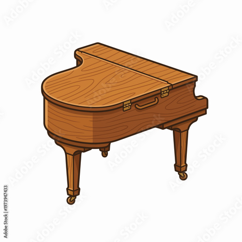 Isometric cartoon illustration of a closed, wooden grand piano with visible wood grain, featuring legs and casters, on a white background.