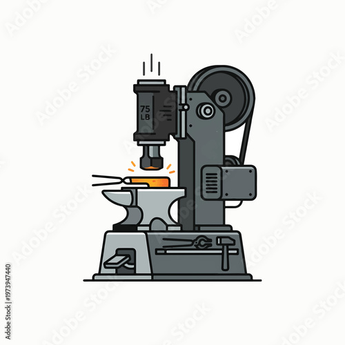 An illustration of a black and grey power hammer forging a glowing orange piece of metal on an anvil with tongs, set against a white background.