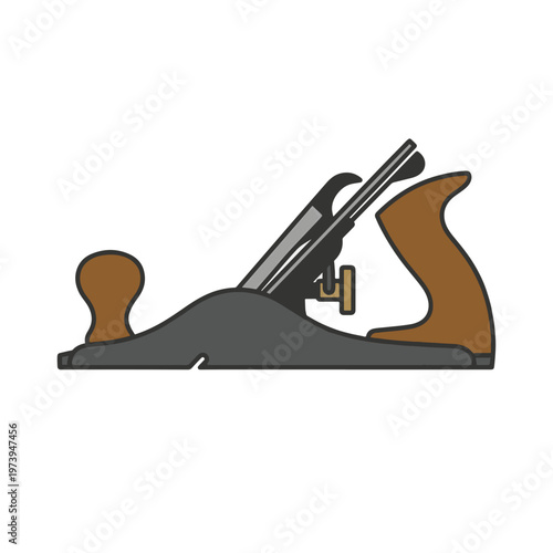 An illustration of a classic hand plane, featuring a dark grey body with a brown front knob and rear handle, on a white background. Shows the blade assembly.