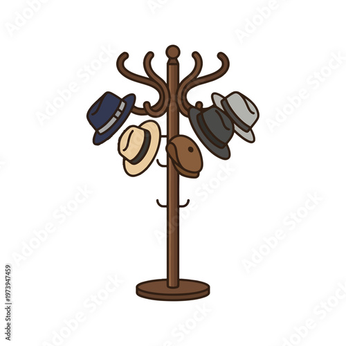 A simple cartoon illustration of a brown wooden hat rack with five diverse hats, including fedoras and a cap, on a plain white background.