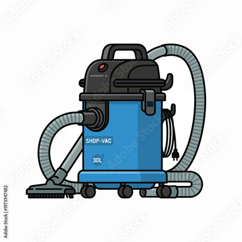 An illustration of a blue shop vacuum cleaner with a black lid, hoses, and a cleaning nozzle. It's labeled SHOP-VAC 30L and has wheels.