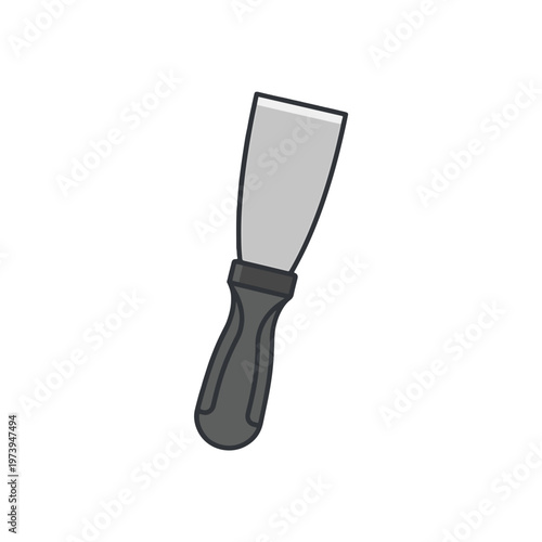 A simple, cartoon-style illustration of a putty knife with a grey blade and a dark grey ergonomic handle, isolated on a white background.