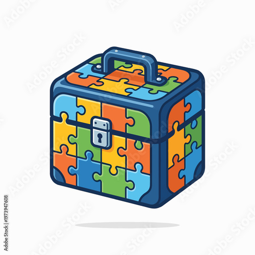 A colorful, cartoon-style illustration of a blue-framed square box or suitcase made from vibrant interlocking jigsaw puzzle pieces, featuring a handle and a keyhole.