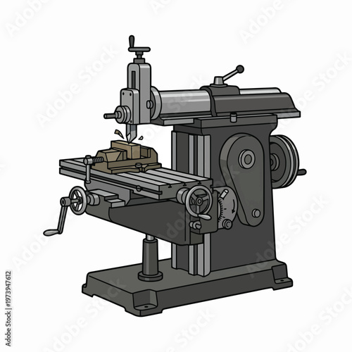 An illustration of a shaper machine in operation, with a cutting tool shaping a workpiece held in a vise on its worktable.
