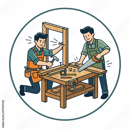 Illustration of two male carpenters actively engaged in woodworking, one hammering a frame and the other sawing wood on a workbench, set within a circular design.