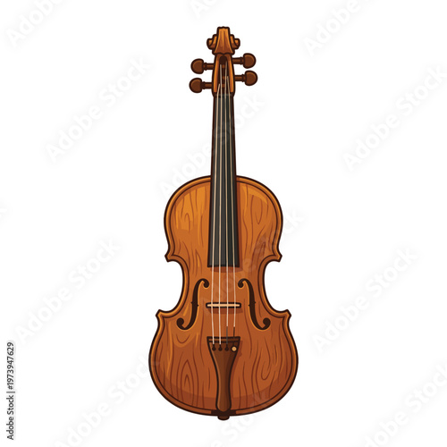 A stylized, cartoon illustration of a violin with a warm wood grain texture. It stands upright, isolated on a white background.