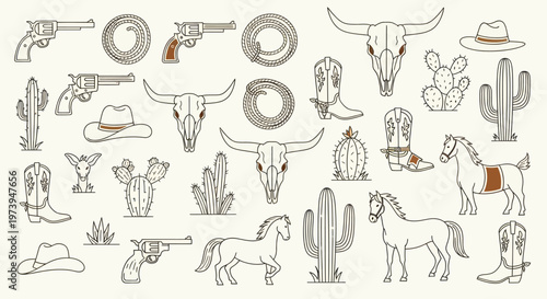 Wild West Cowboy Elements Collection Featuring Horses and Skulls.