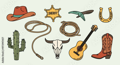 Wild West Cowboy Elements Collection Hand Drawn Style.