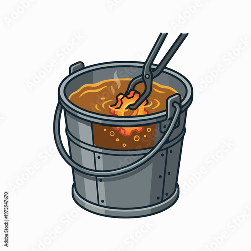A metal gear is being quenched in a bucket of liquid, held by tongs. Steam rises from the hot metal.