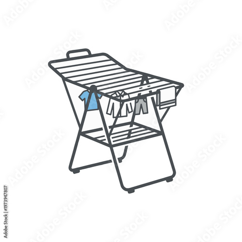 Minimalist line art illustration of a clothes drying rack holding various items of laundry like a blue t-shirt, white shirt, gray shorts, and a white towel.