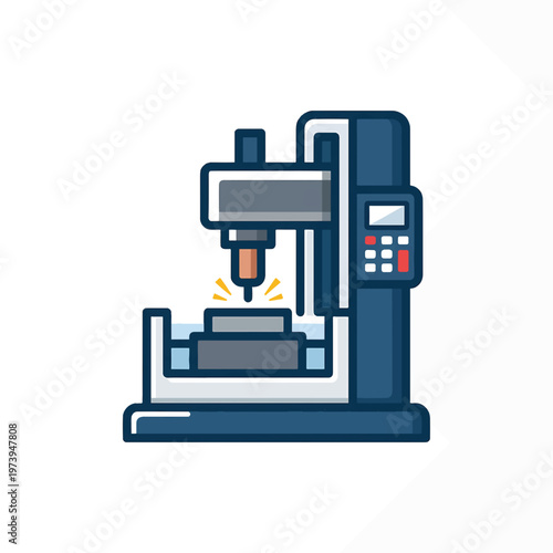 A cartoon-style vector illustration of a dark blue and grey CNC milling machine with a cutting tool operating on a workpiece, showing a yellow spark.