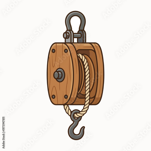 Cartoon illustration of a traditional wooden pulley block with a rope, featuring a metal shackle at the top and a hook at the bottom, isolated on white.