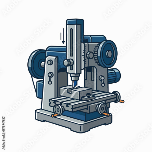 A cartoon-style illustration of a blue and grey milling machine with a cutting tool engaged with a workpiece held in a vise on a movable table.