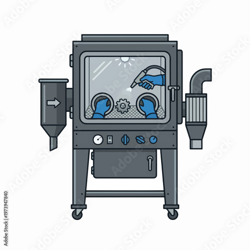 An illustration of an industrial sandblasting cabinet. Gloved hands inside the chamber use a nozzle to blast abrasive media onto a gear. The machine includes a hopper, dust collector, and co