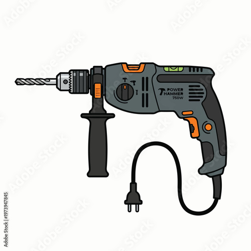An illustration of a corded hammer drill with a drill bit and auxiliary handle, set against a white background.