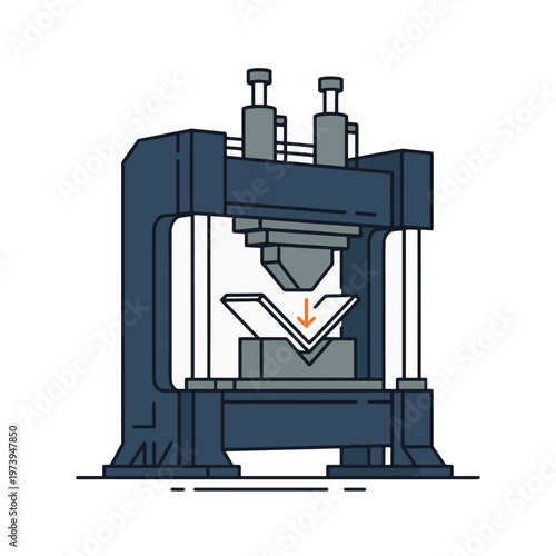 An outline illustration of a dark blue and gray hydraulic press machine bending a sheet metal piece into a V-shape with an orange arrow indicating the downward press.